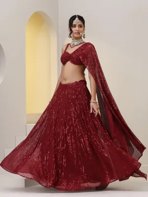 2 pc SET - Maroon Knit Sequined Lehenga with Blouse with Dupatta