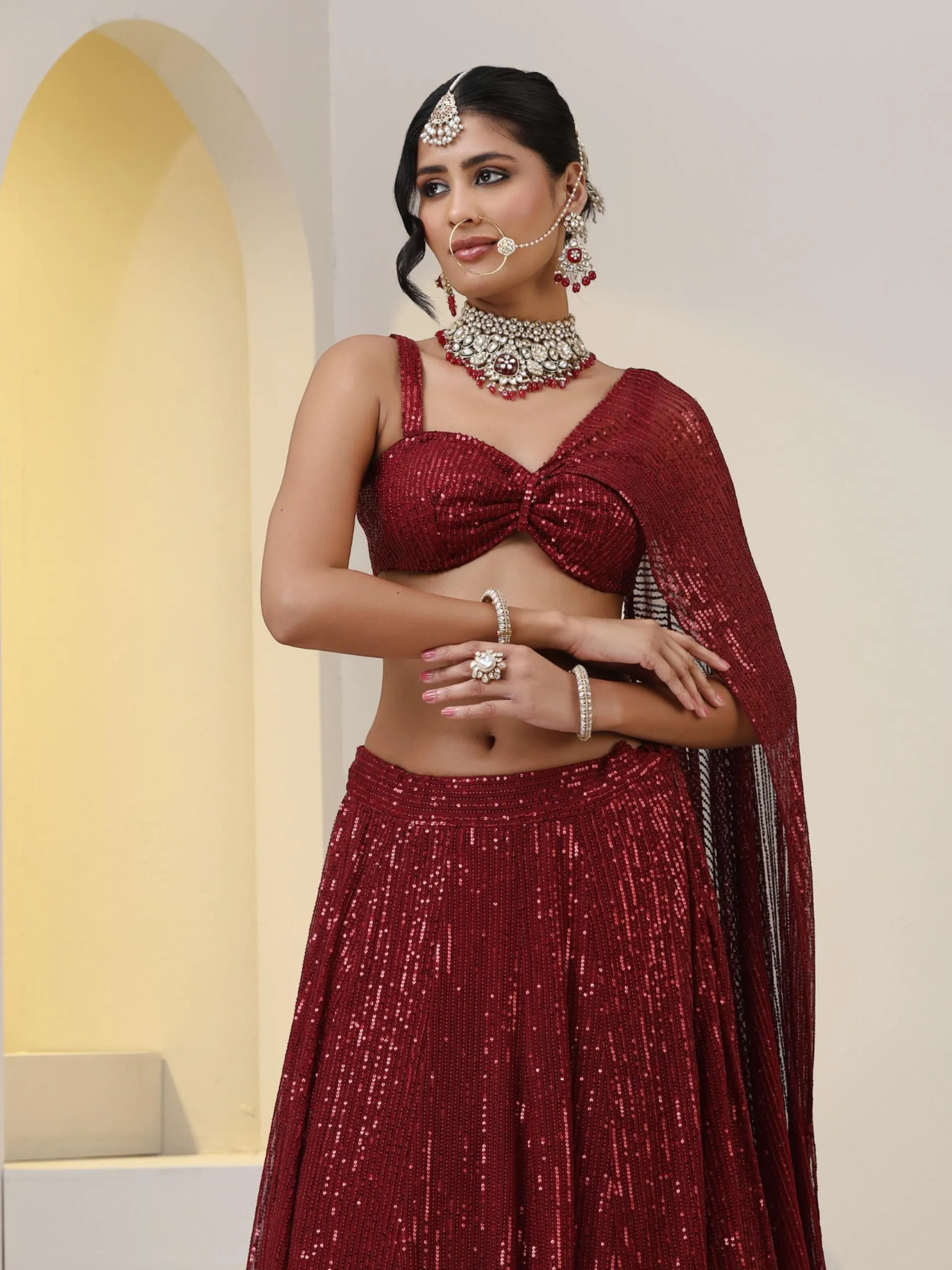2 pc SET - Maroon Knit Sequined Lehenga with Blouse with Dupatta