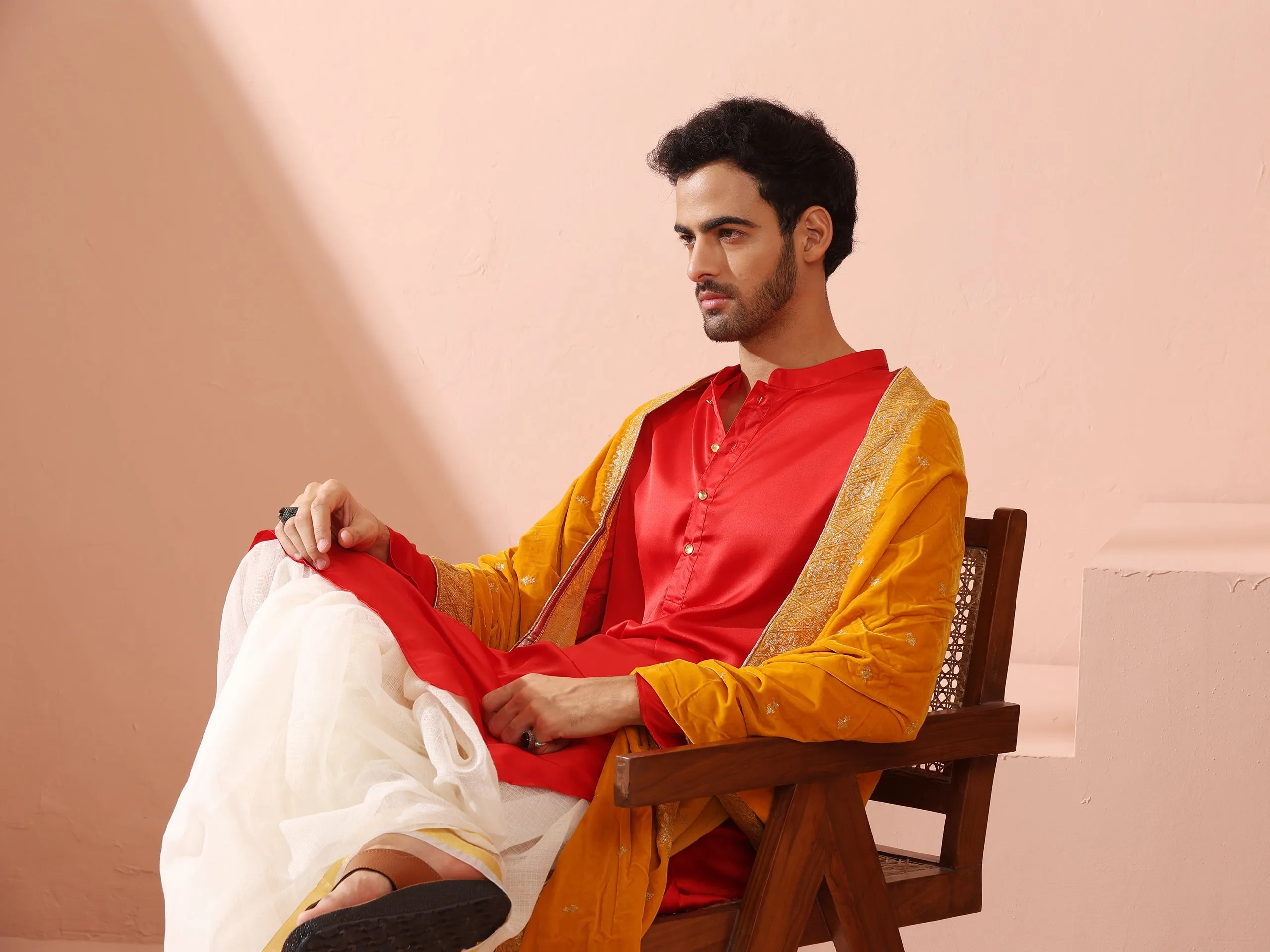 Creed Red Satin Kurta with Gold Buttons