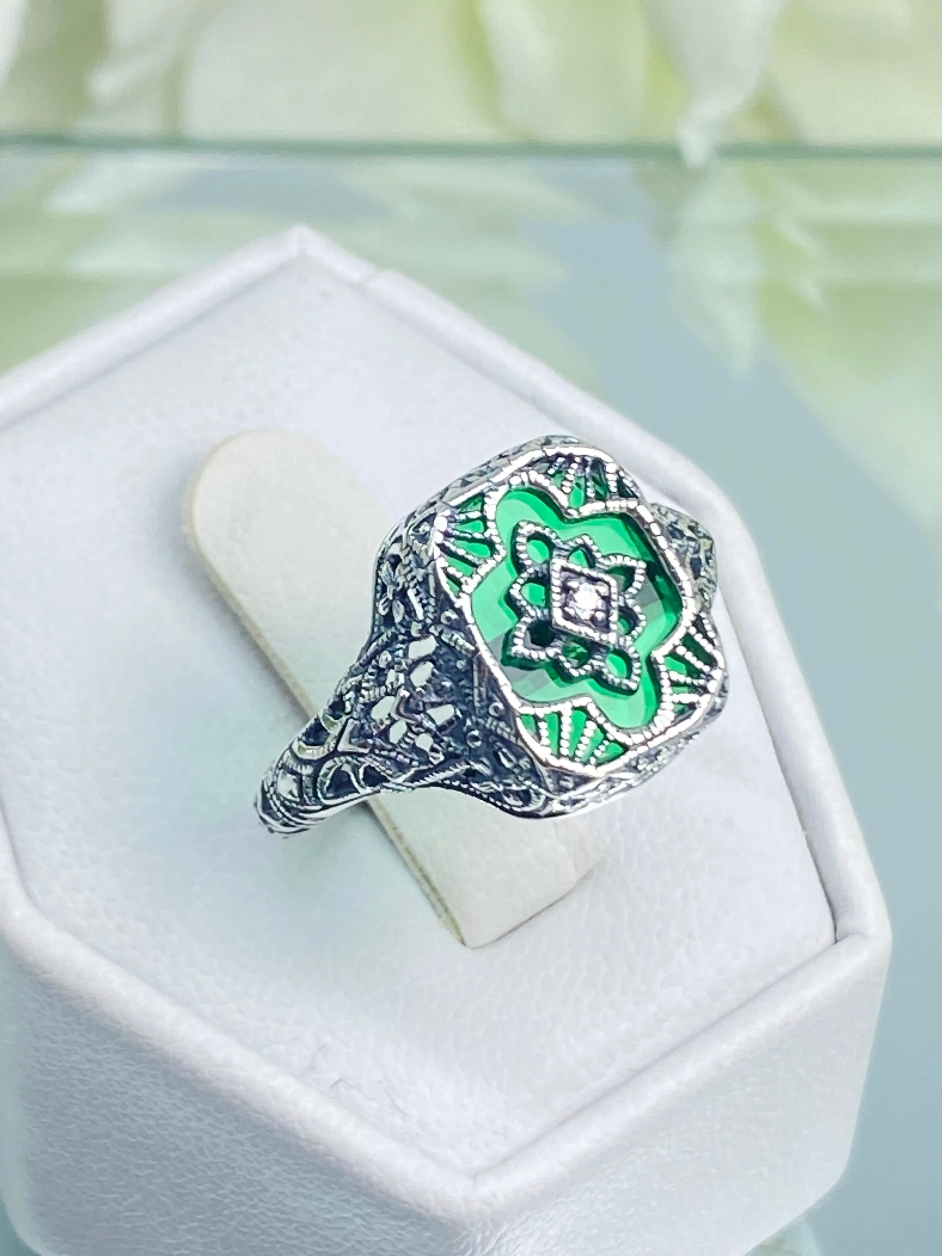 Emerald Glass Ring, Emerald Green Camphor Glass, Art Deco Filigree Jewelry, #D204