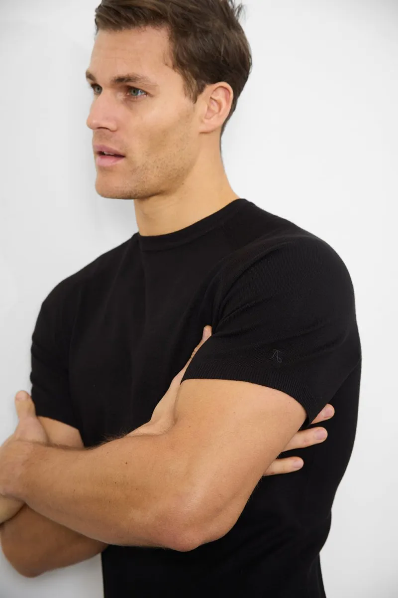 Fine Gauge Knitted T-Shirt in Black