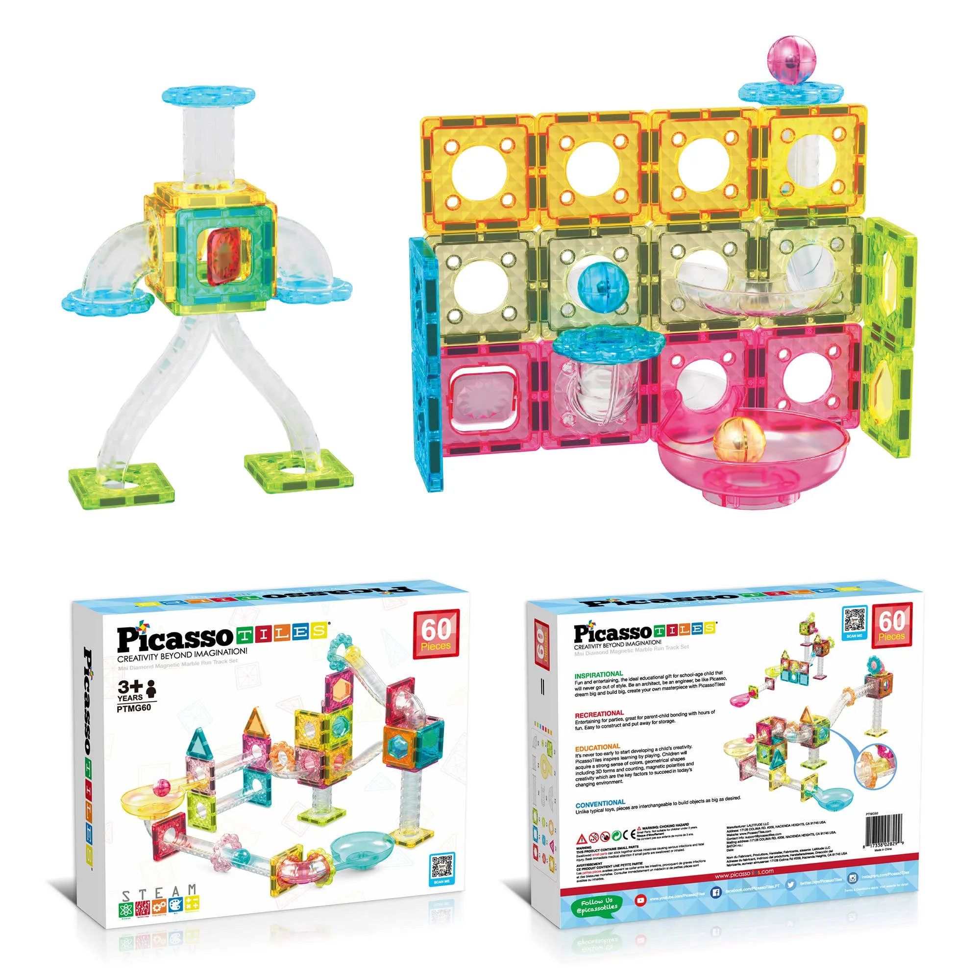 PicassoTiles 60 Piece Magnet Tiles Building Block Travel Size Toy Set