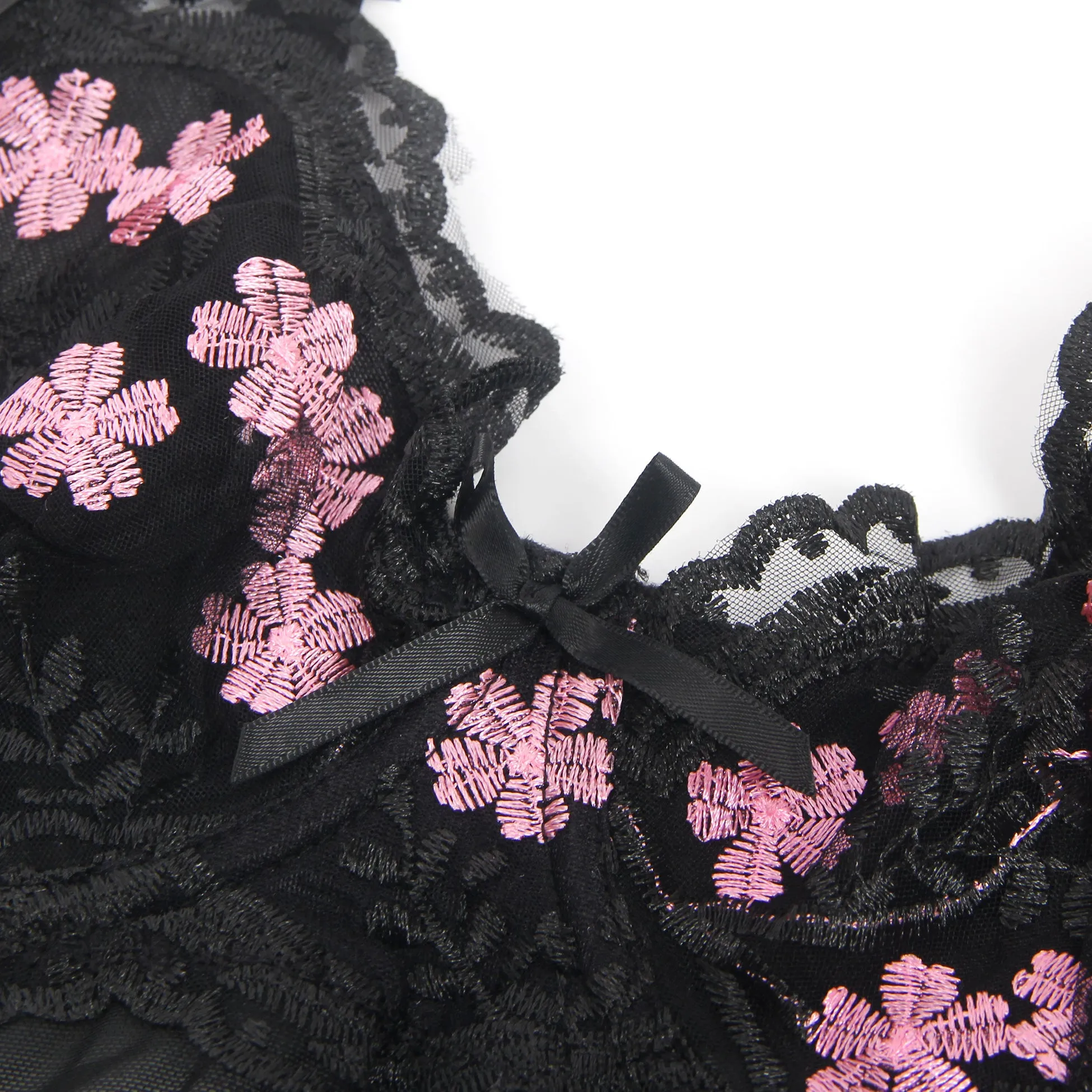 Sexy Mesh Embroidery Lace Lift Bra Suspender Nightdress